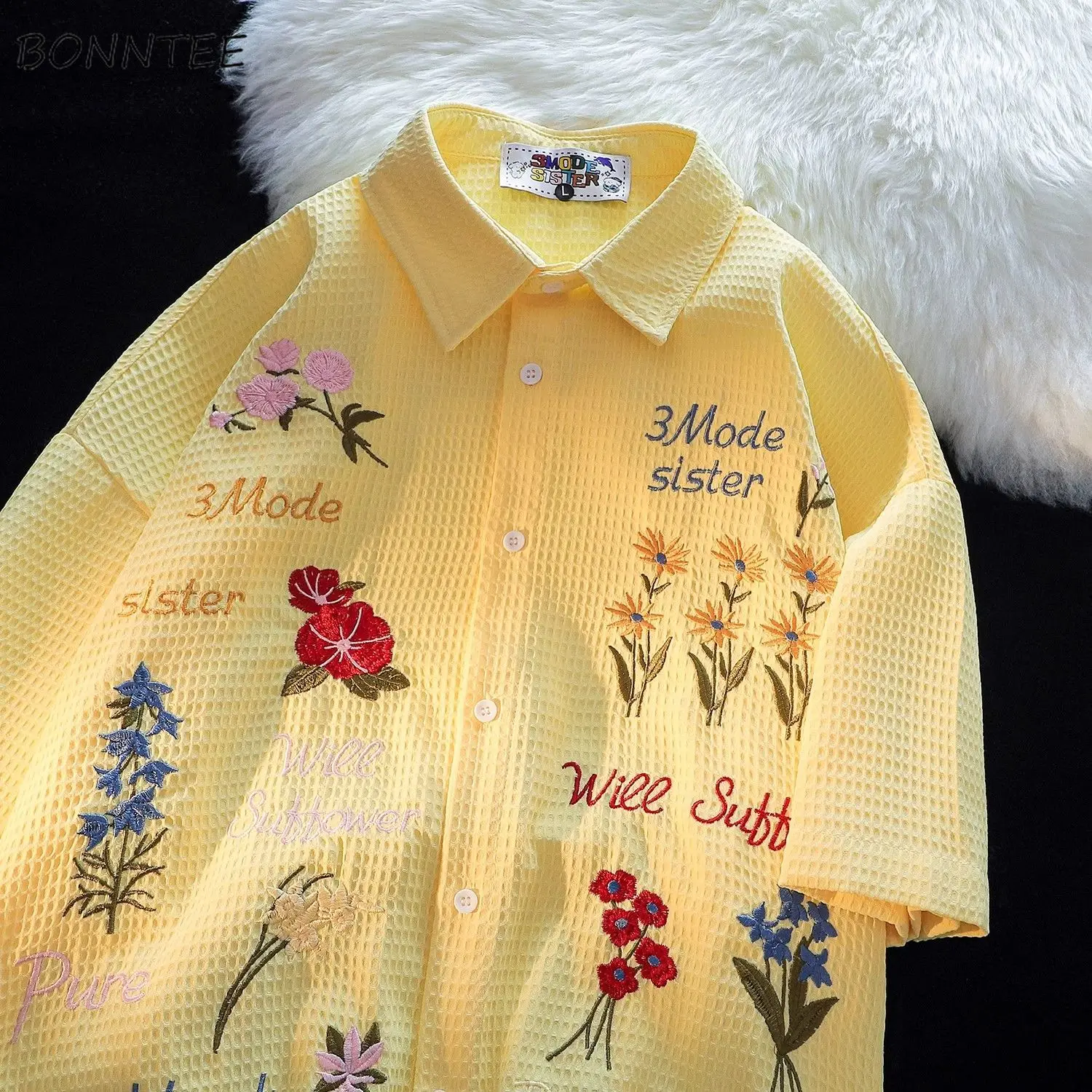 Summer Clothing Holiday - วาฟเฟิลดอกไม้เย็บปักถักร้อยเสื้อผู้หญิงหลวมแขนสั้น Unisex Leisure Chic วันหยุดคู่เสื้อผ้าสไตล์อเมริกัน Retro