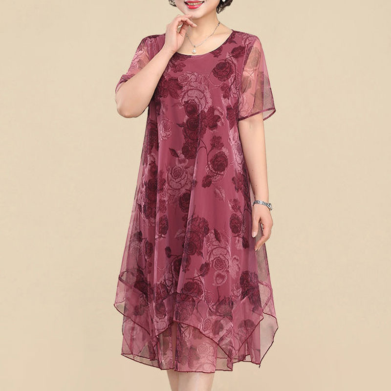 Summer Clothing For 70 Year Old Woman - ใหม่ชุดเดรสแขนสั้นคอกลมสำหรับผู้หญิงชุดเดรสมิดิทรงหลวมพิมพ์ลายดอกไม้ผ้าโปร่งฤดูร้อนมีสไตล์แหวกแนว