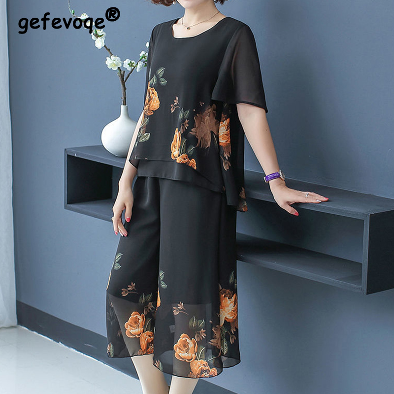 Summer Clothing For 70 Year Old Woman - แฟชั่นหรูหราดอกไม้พิมพ์ลูกไม้ชุดสั้นฤดูร้อน 2025 O-คอเสื้อแขนสั้นลูกวัวความยาวกางเกงหลวมผู้หญิงเสื้อผ้า