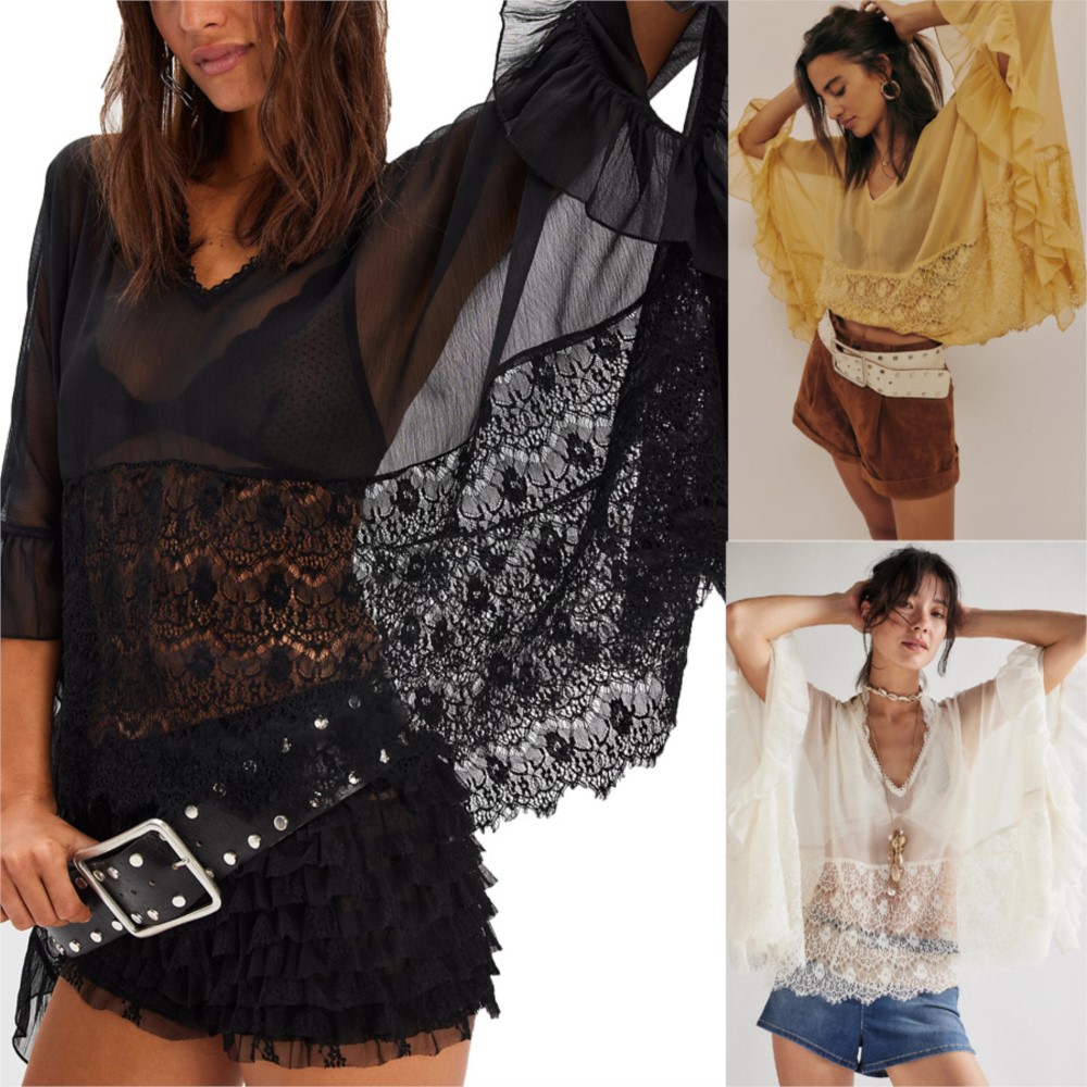 Summer Clothing Holiday - เสื้อเบลาส์หลวมสำหรับผู้หญิง เสื้อเชิ้ตแขนยาว เสื้อผ้าผู้หญิง ผ้าลูกไม้ตาข่าย แขนโดลแมน ซีทรู
