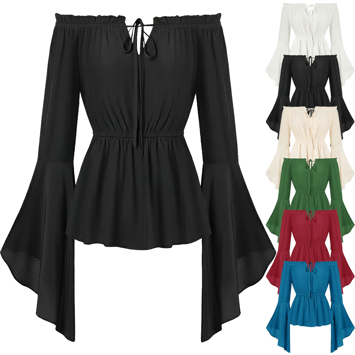 Off Shoulder Blouse - เสื้อคลุมสไตล์ยุคกลางแบบเปิดไหล่สำหรับผู้หญิง แขนบาน แต่งสม็อคที่เอว