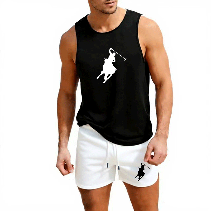 Summer Clothing Men - ชุดเสื้อกั๊กและกางเกงขาสั้นฤดูร้อนสำหรับผู้ชายสไตล์ยุโรป ชุด 2 ชิ้น ชุดออกกำลังกายกลางแจ้ง ชุดกีฬาแฟชั่นลำลอง
