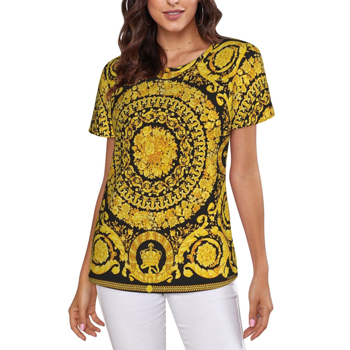Summer Clothing For 70 Year Old Woman - เสื้อยืดลายเหรียญทองตกแต่งสไตล์บาโรก แขนสั้น คอกลม ผ้าฝ้าย เสื้อยืดฤดูร้อน สตรีทแวร์