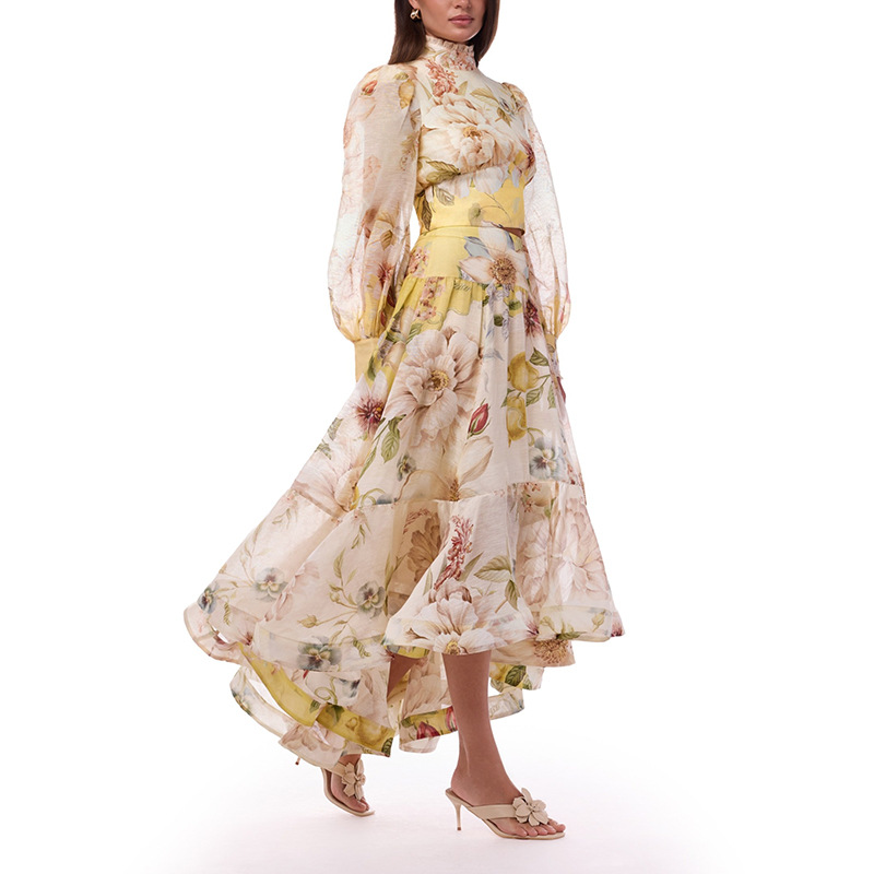 Summer Clothing Holiday - ชุดเซ็ต 2 ชิ้นลายดอกไม้ฤดูร้อน เสื้อคอตั้งแขนยาว + กระโปรงทรงเอเอวสูง