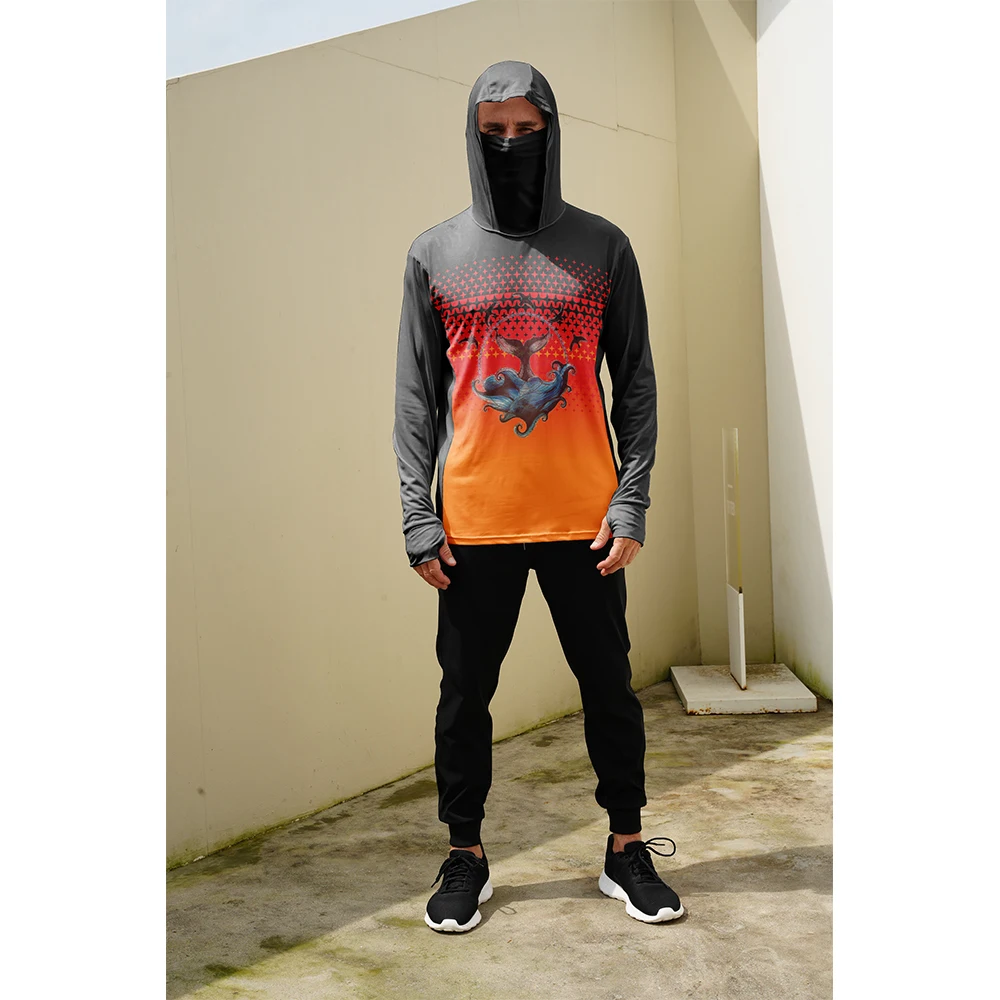 Summer Clothing Men - เสื้อตกปลาผู้ชาย เสื้อฮู้ดกันแดดพร้อมหน้ากาก เสื้อผ้าตกปลาแบบครบชุด เสื้อยืดตกปลา UPF 50+