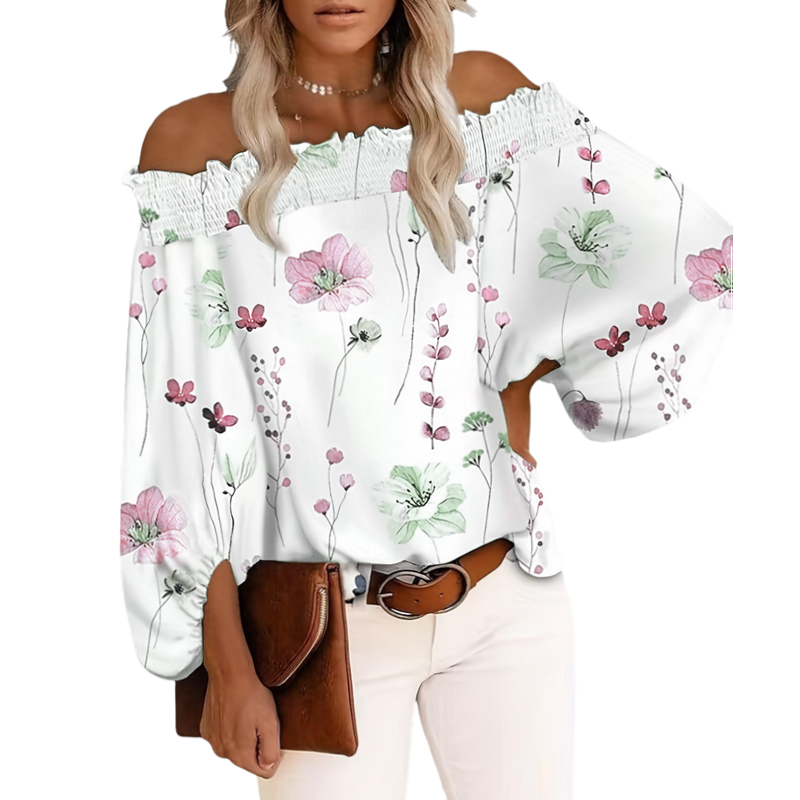 Off Shoulder Blouse - เสื้อเบลาส์แฟชั่นไซส์ใหญ่สำหรับผู้หญิง ลายดอกไม้ แขนยาว เปิดไหล่ สไตล์ลำลอง เหมาะสำหรับใส่ไปเที่ยวทะเลในช่วงฤดูร้อน