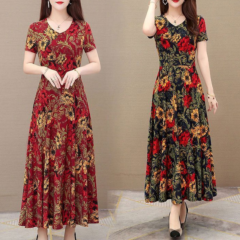 Summer Clothing For 70 Year Old Woman - Office Lady Geometric Vintage Floralพิมพ์ชุดMidi 2025