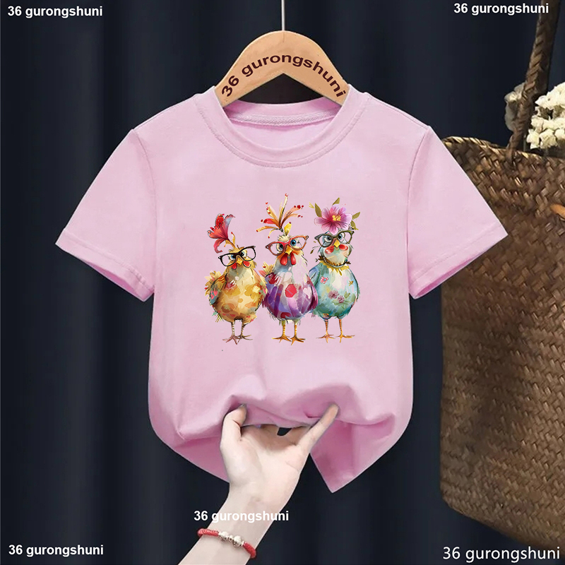 Summer Loving Kids Clothing - เสื้อยืดพิมพ์ลายดอกไม้ไก่น่ารักเสื้อผ้าเด็กสีชมพูสีขาวตลกๆสำหรับเด็กผู้หญิงเสื้อผ้าฮาราจูกุ Kawaii เสื้อยืดเสื้อผ้าเด็ก