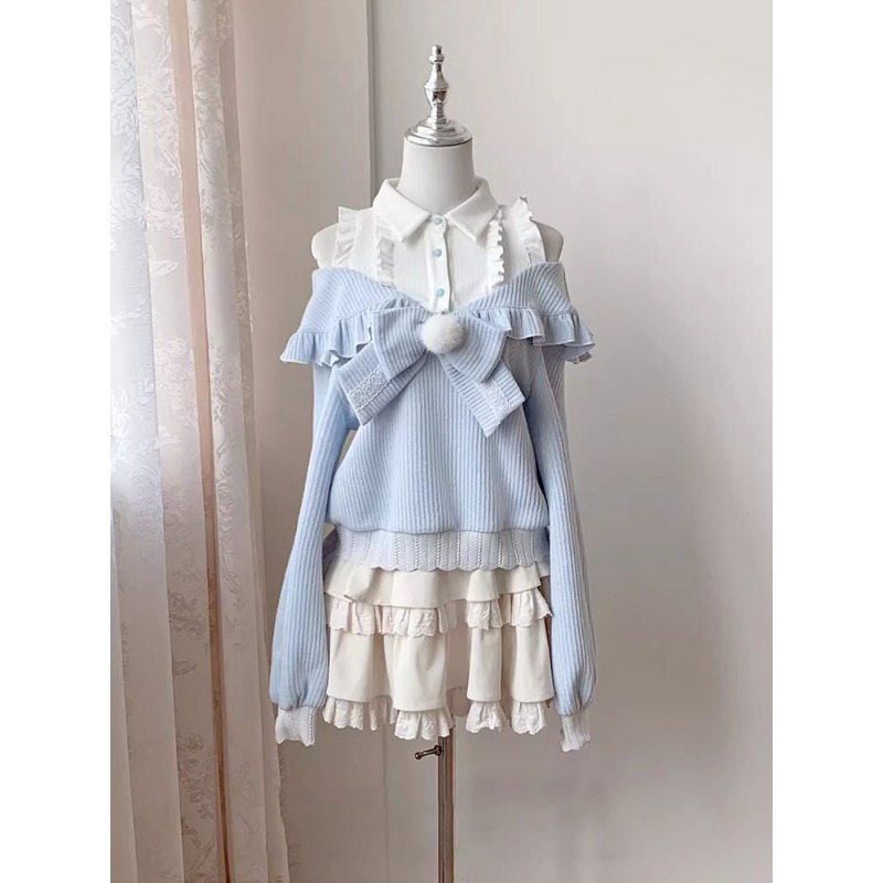 Off Shoulder Blouse - ชุดเซ็ต 2 ชิ้นสไตล์สาวหวานน่ารักแบบโลลิต้า สำหรับผู้หญิง ฤดูใบไม้ร่วง เสื้อเปิดไหล่ผูกโบว์