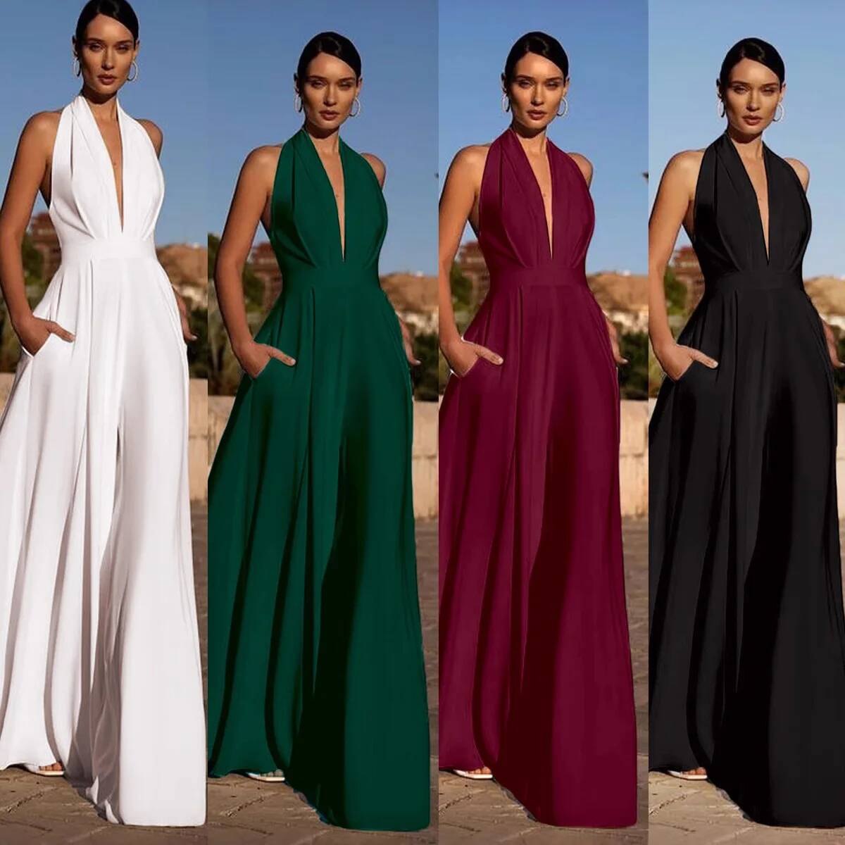 Summer Clothing For 70 Year Old Woman - จั๊มสูทเซ็กซี่คอวีลึกสำหรับสาวออฟฟิศ เสื้อผ้าผู้หญิง จั๊มสูทแบบผูกคอ แขนกุด สีพื้น คอวี
