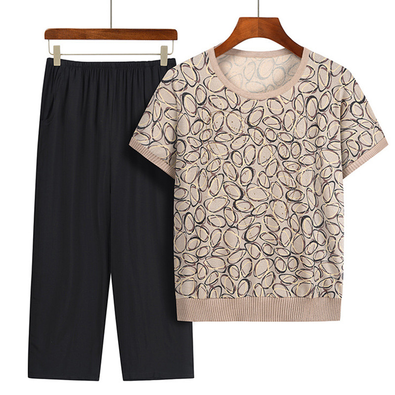 Summer Clothing For 70 Year Old Woman - ชุดสูทสองชิ้นแบบลำลองสำหรับคุณย่าวัยกลางเสื้อแขนแขนสั้นคอกลมชุดเซ็ทชุดนอนเด็กสำหรับ4XL เสื้อผ้าผู้หญิง
