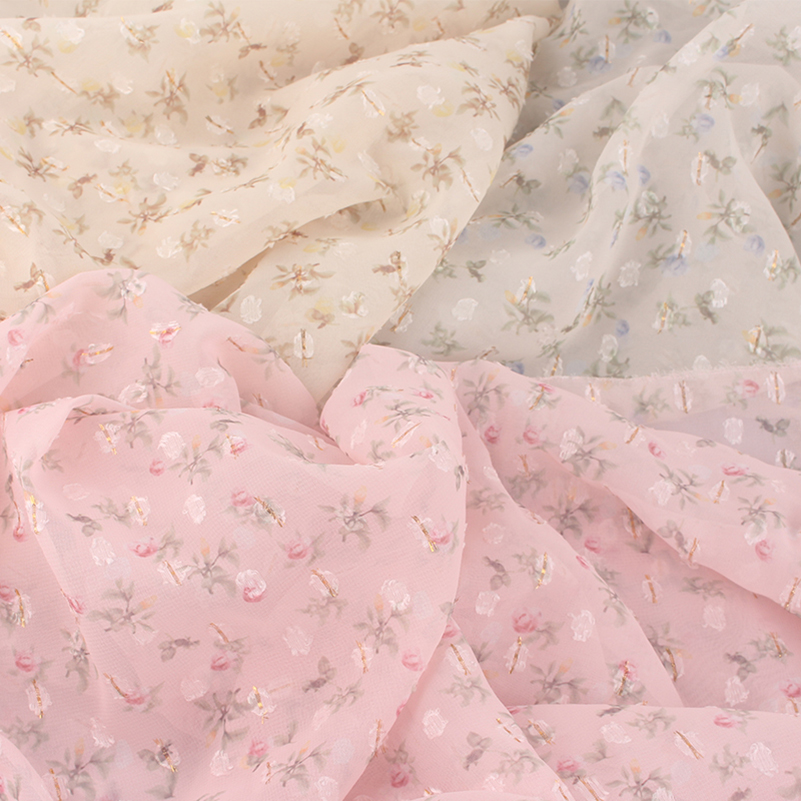 Summer Clothing List - สินค้าใหม่ ผ้าพิมพ์ลายโปร่งแสงดิ้นทอง ผ้าฝรั่งเศสลายดอกไม้ฤดูร้อน สำหรับตัดชุดเสื้อผ้า ขายเป็นเมตร