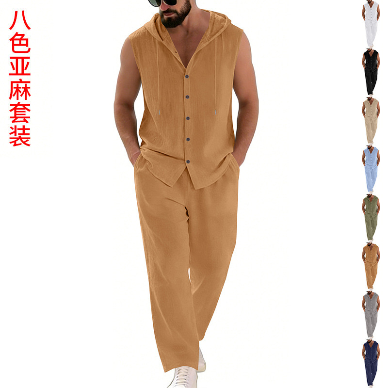 Summer Clothing Men - ชุดลำลองผ้าลินินสำหรับผู้ชาย เสื้อฮู้ดและกางเกงขายาว สีพื้น ระบายอากาศได้ดี สวมใส่สบาย เสื้อผ้าผู้ชาย