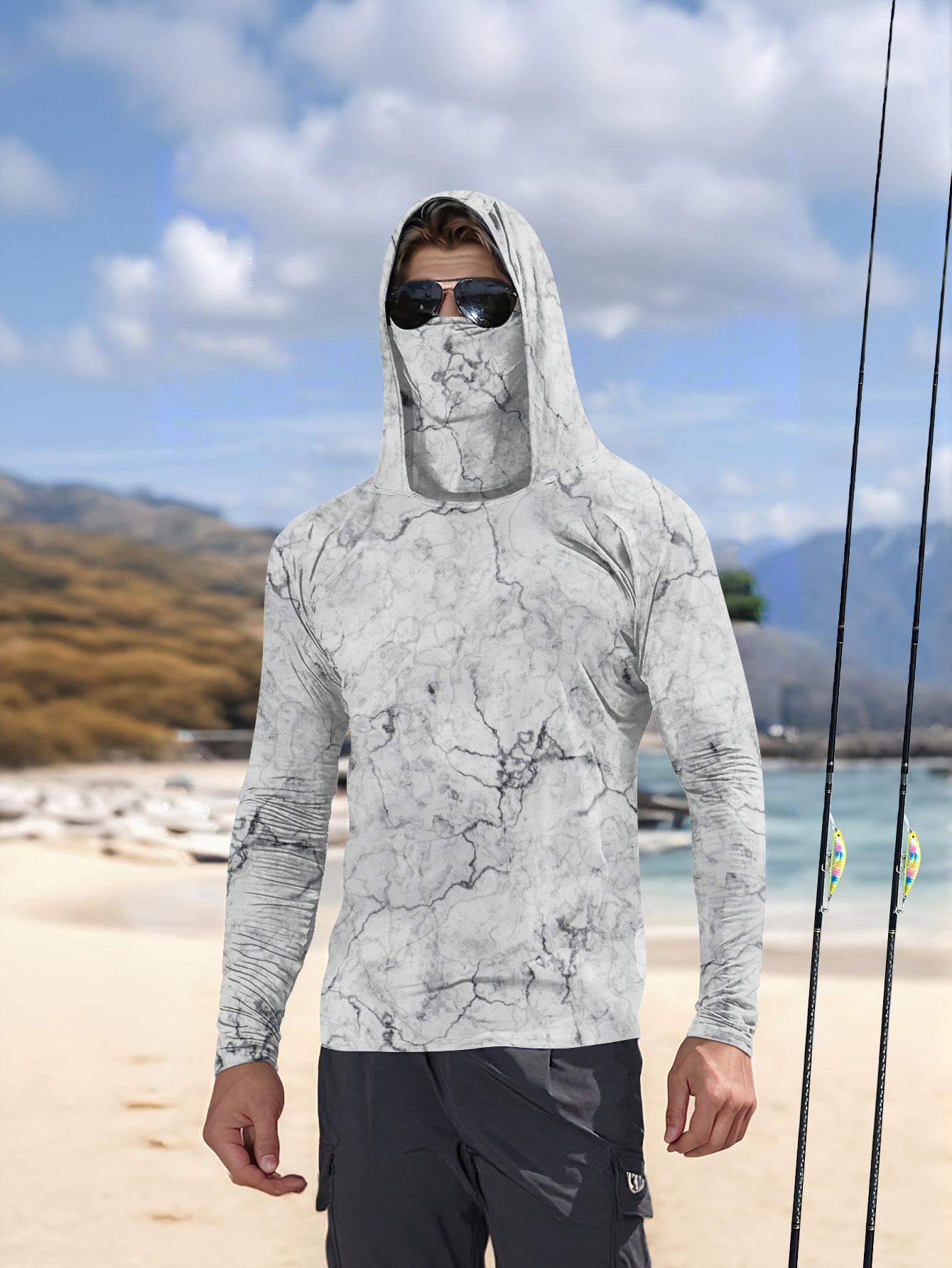 Summer Clothing Men - เสื้อตกปลาผู้ชายมีฮู้ด แขนยาว เสื้อผ้าตกปลา เสื้อยืดตกปลา ป้องกันรังสียูวี เสื้อตกปลา