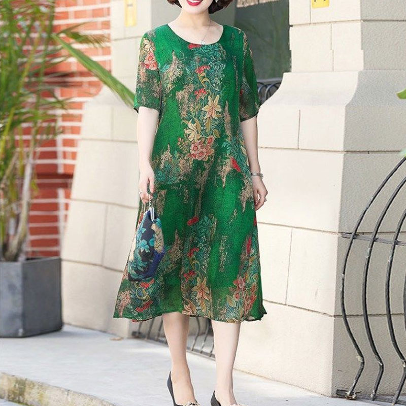 Summer Clothing For 70 Year Old Woman - เดรสแขนสั้นแฟชั่นแบบไม่สม่ำเสมอสำหรับผู้หญิงเสื้อผ้าวินเทจพิมพ์ลายดอกไม้คอกลมสง่างามเดรสแขนสั้นแบบต่อกันสำหรับฤดูร้อน