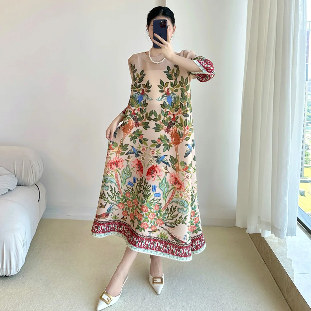 Summer Clothing Essentials Women - มิยาเกะวินเทจพิมพ์ชุดเจ็ดแขนชุดลําลอง 2025 ฤดูร้อนใหม่ท่องเที่ยวกลางแจ้งวันหยุด Essential หญิงเสื้อผ้าเครื่องแต่งกาย