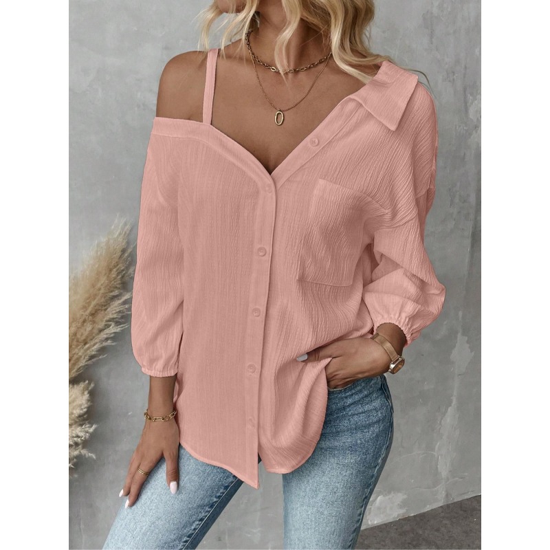 Off Shoulder Blouse - เสื้อผู้หญิงไซส์ใหญ่ 1XL-5XL เสื้อเบลาส์ผู้หญิง กระดุมแถวเดียว เปิดไหล่ มีกระเป๋า