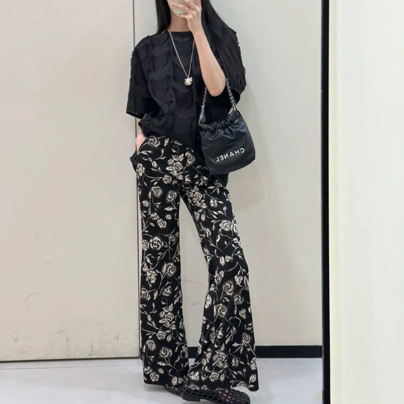 Vintage Summer Clothing Brand - กางเกงขาบานพิมพ์ลายดอกไม้สไตล์ฝรั่งเศสใหม่สำหรับผู้หญิง ฤดูร้อน ผ้าบาง สไตล์วินเทจ เอวสูงทรงเข้ารูป กางเกงขายาวแบรนด์ดัง