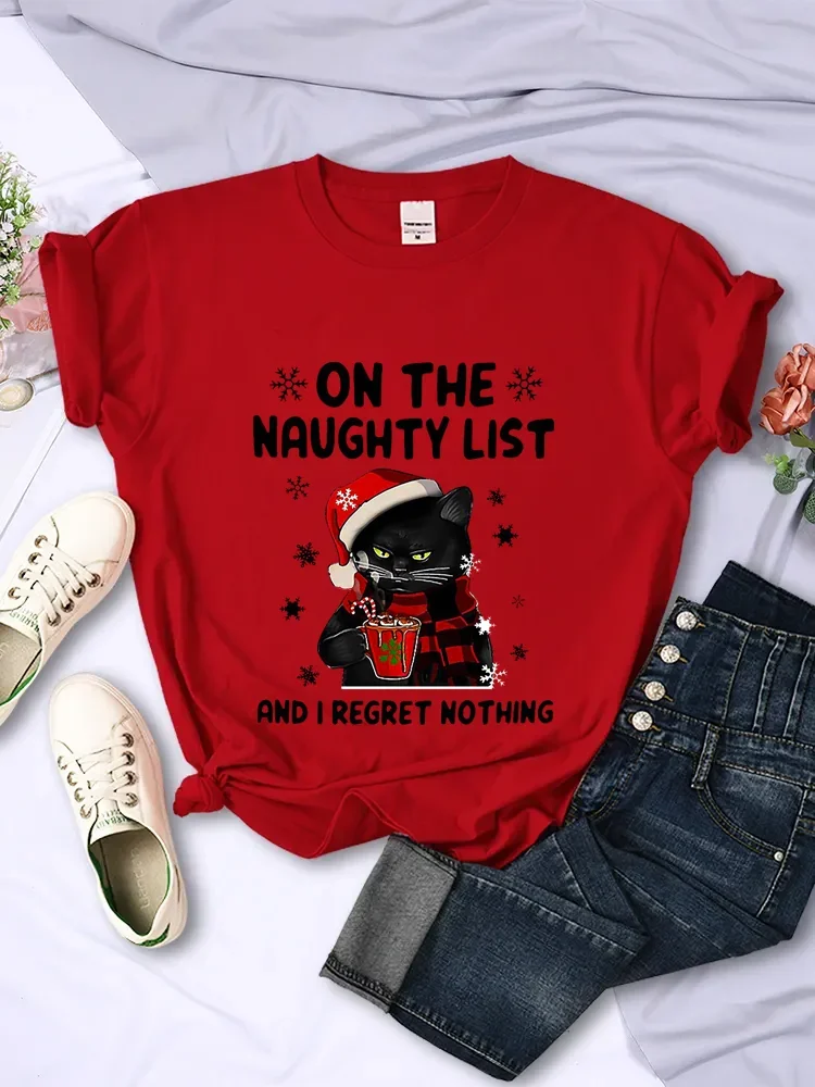 Summer Clothing List - คริสต์มาสหญิงเสื้อยืด SANTA CAT ON THE NAUGHTY