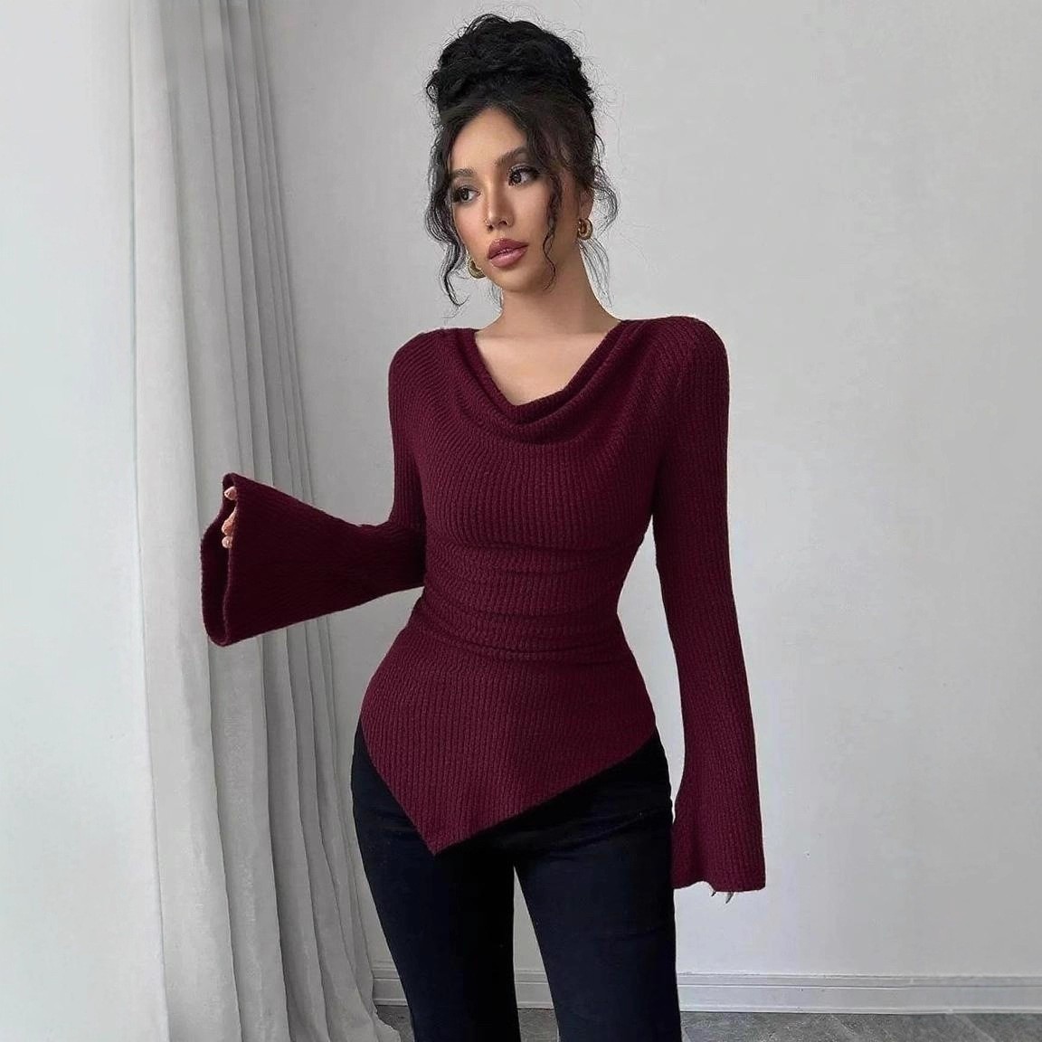 เสื้อผู้หญิงแขนยาว สีพื้น เสื้ - Off Shoulder Blouse บทวิจารณ์และราคา