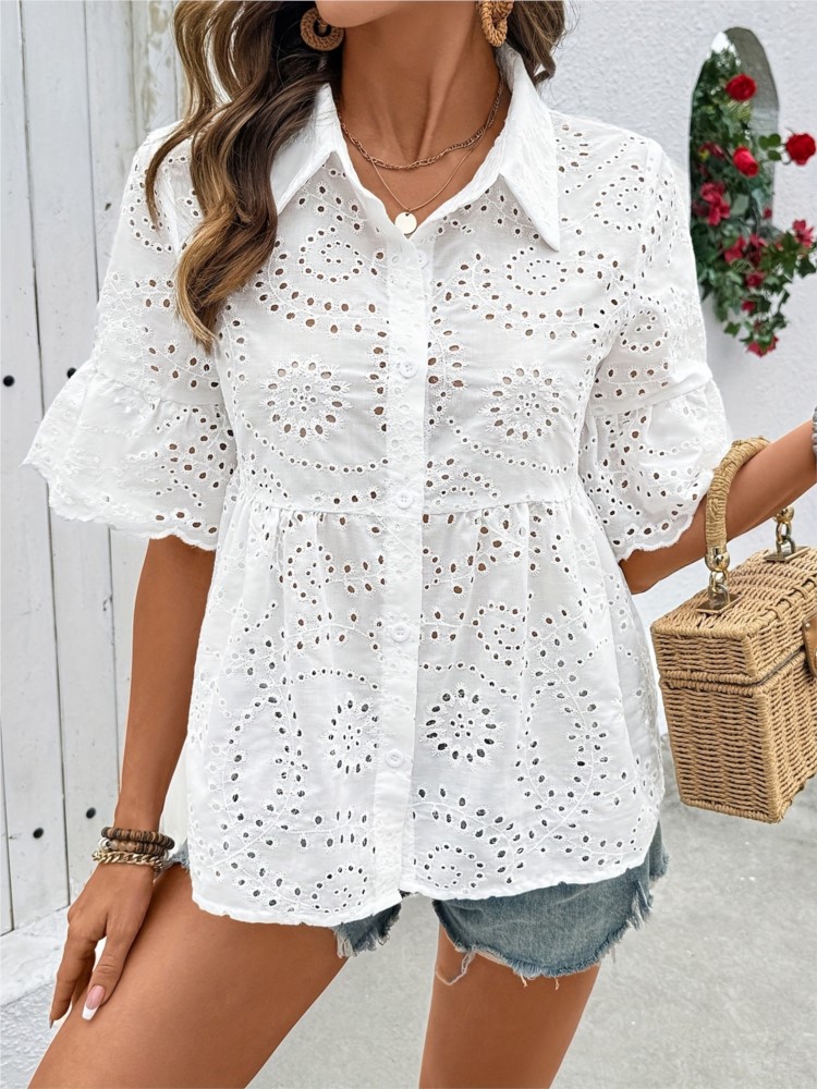 ลูกไม้สีขาวดอกไม้ Hollow เสื้อ - Summer Clothing Holiday บทวิจารณ์และราคา