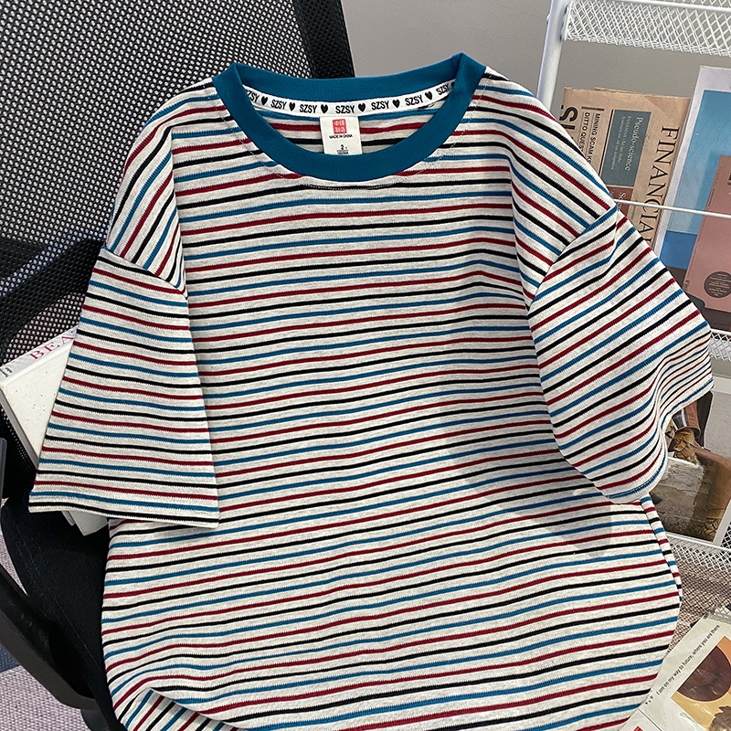 เสื้อยืดแขนสั้นลายทางผ้าฝ้ายแท - Summer Clothing Outlet บทวิจารณ์และราคา