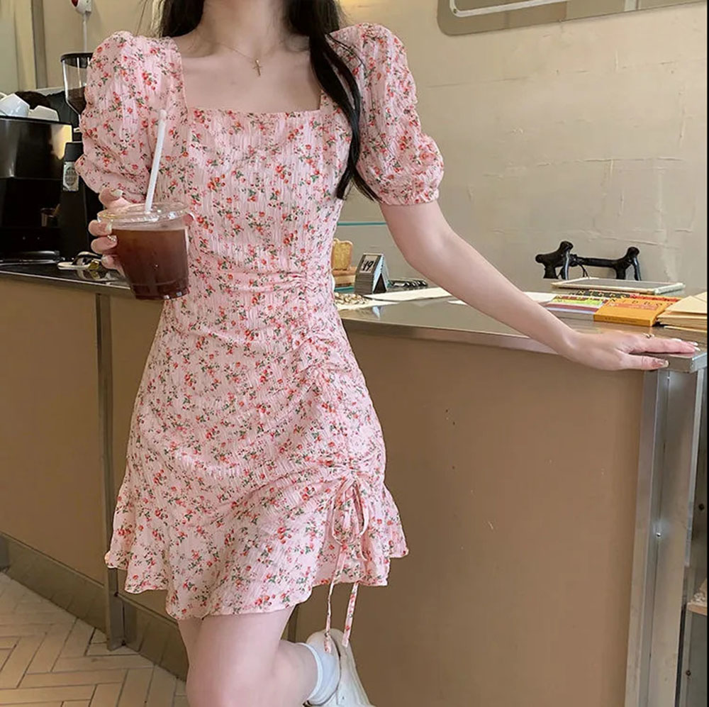 เดรสแขนพองลายดอกไม้ผูกเชือกแสน - Summer Clothing For 70 Year Old Woman บทวิจารณ์และราคา
