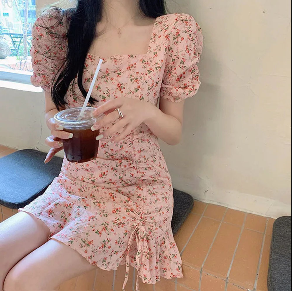เดรสแขนพองลายดอกไม้ผูกเชือกแสน - Summer Clothing For 70 Year Old Woman บทวิจารณ์และราคา